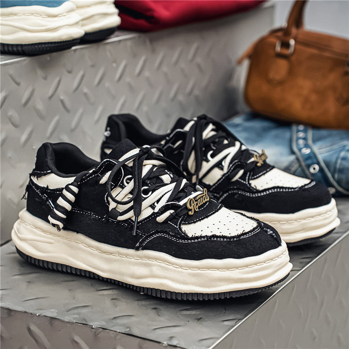 Damen denim-Plateau-Sneaker mit kontrastnähten, wattierter Wellenlaufsohle und verzierten Schnürdetails Drune