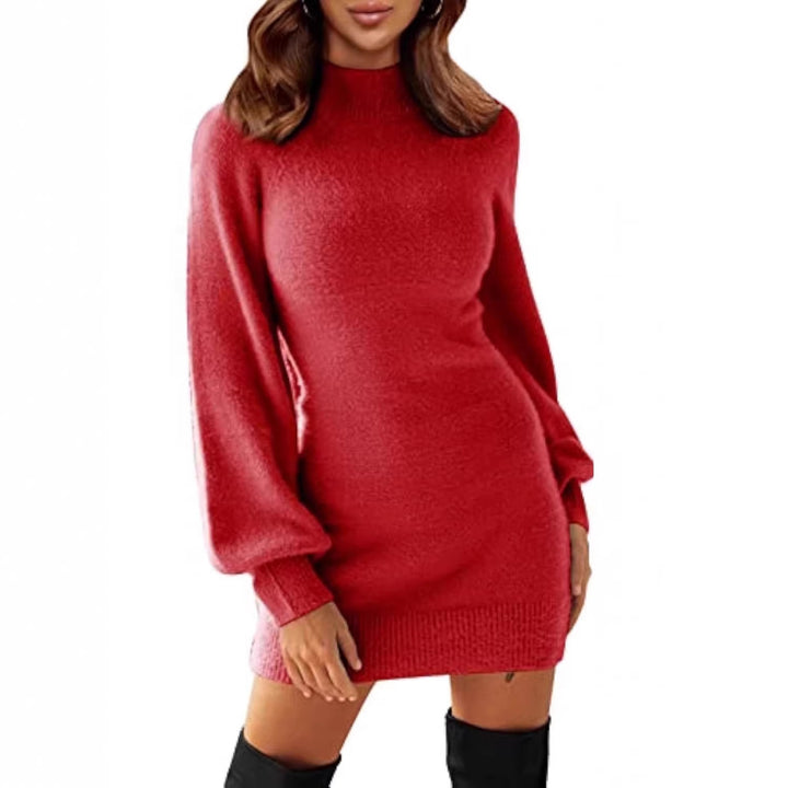 Damen Tailliertes Teddy-Strick-Minikleid mit Stehkragen und Ballonärmeln Drune