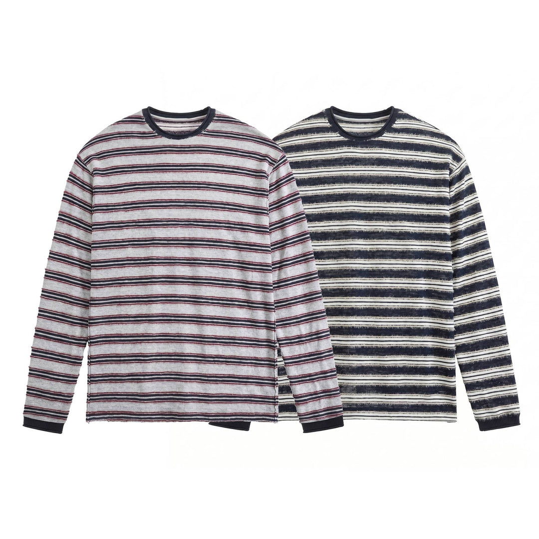 Unisex Langärmliges Feinstrick-Shirt mit Ringelstruktur und geripptem Kragen Drune