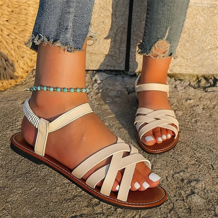 Damen Riemchen Knöchel Wickel Flache Sandalen mit Gepolstertem Fußbett Drune