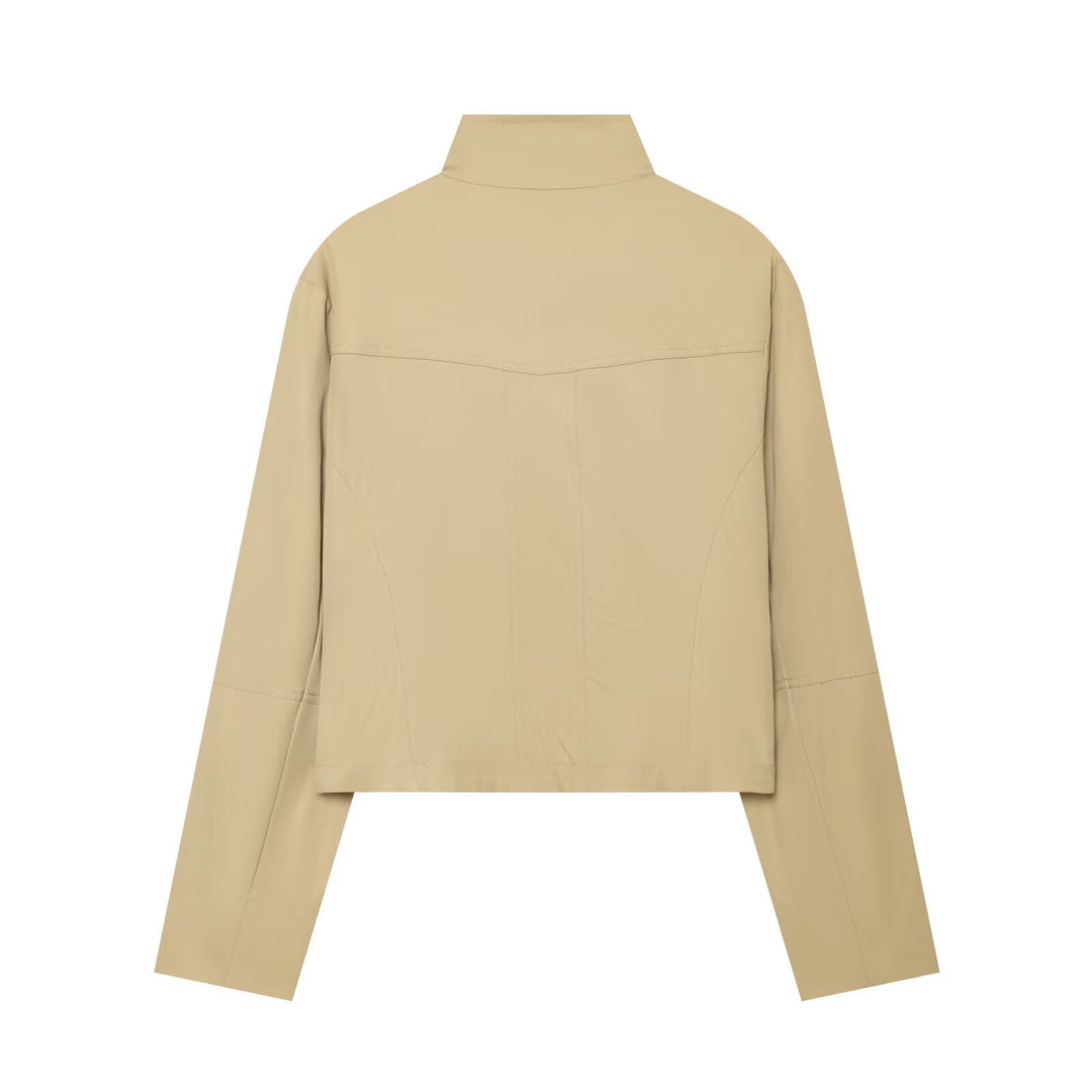Damen Kurzblouson im Trench‑Stil mit doppelreihiger Knopfleiste und hohem Stehkragen Drune