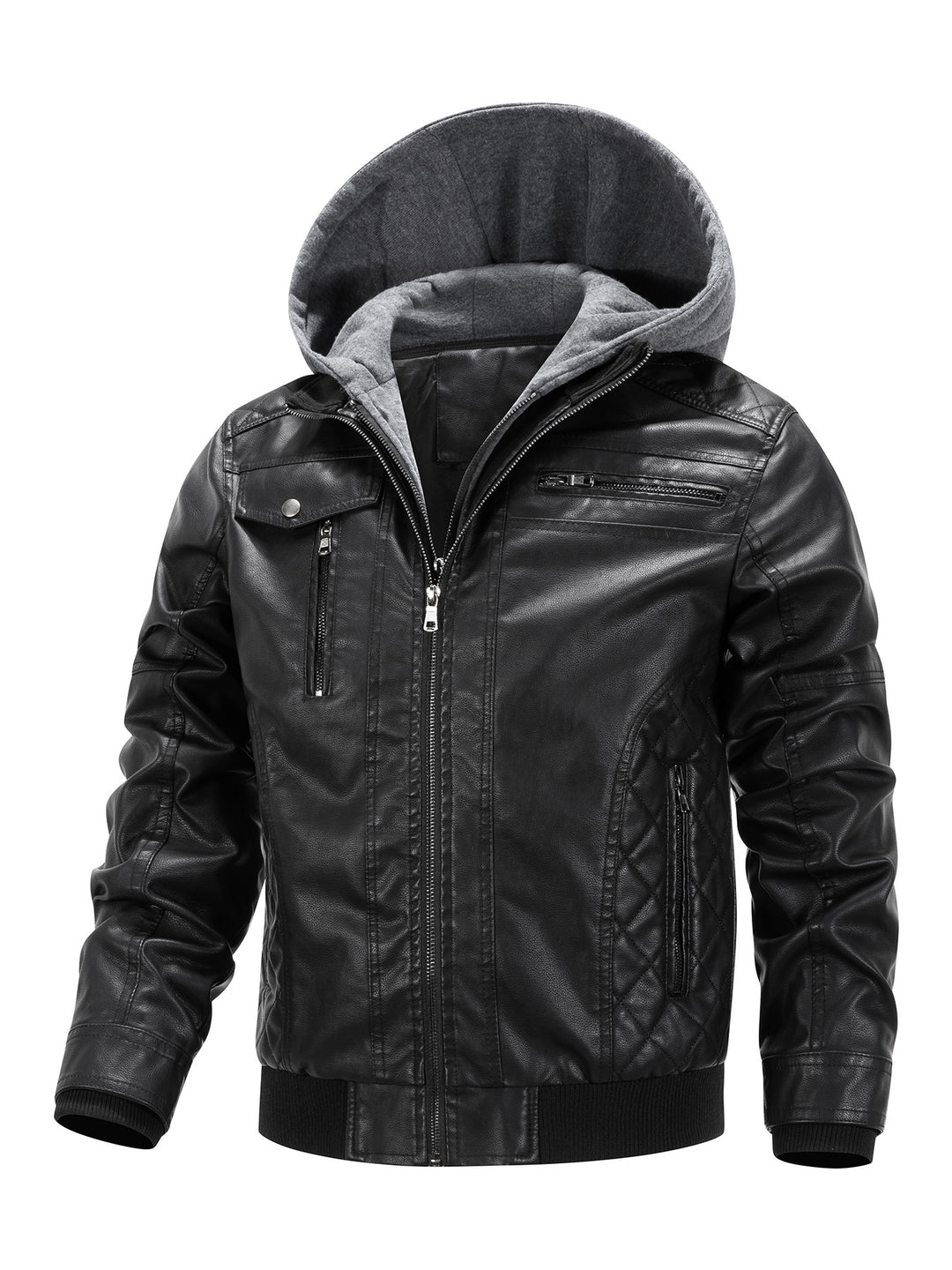 Herren Kunstleder-Bikerjacke mit abnehmbarer Kapuzenblende und gesteppter Seitenpartie Drune