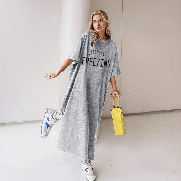 Damen nan lässiges Oversize Maxi-T-Shirt-Kleid mit Rundhals und Statement-Print Drune