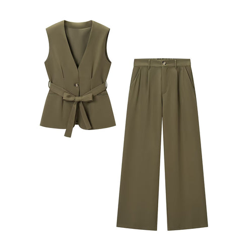 Damen Zweiteiliges tailliertes Weste‑und Hose Set mit Bindegürtel und weitem Bein Drune