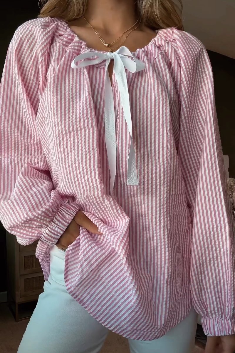 Damen Bluse mit elastischem Ausschnitt und Schleifenbindung Drune