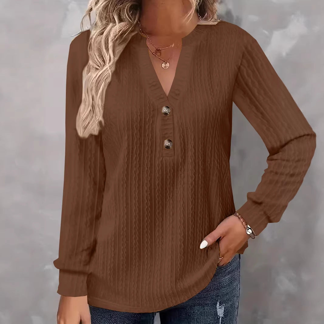 Damen Strukturiertes V‑Neck Langarmshirt mit Zierknopfleiste Drune