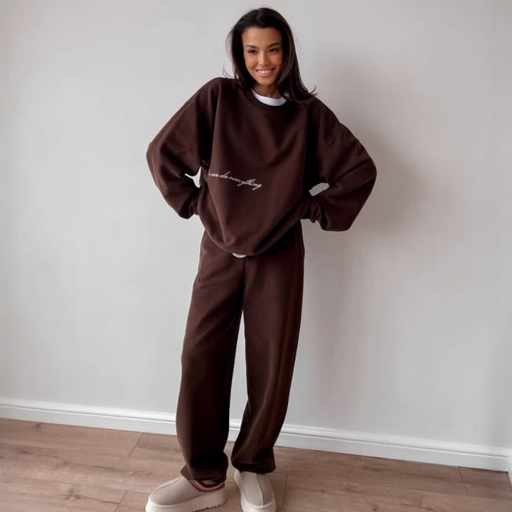Damen lässiges Lounge-Set aus French-Terry mit oversized Cropped-Sweatshirt und hoher Taillen-Jogginghose Drune