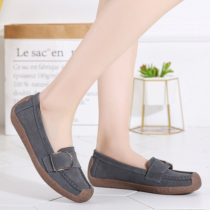 Damen nan Mokassin-Slipper aus Veloursleder mit dekorativer Metallschnalle, gepolstertem Fußbett und rutschfester Gummilaufsohle Drune
