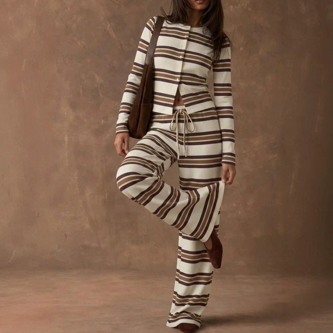 Damen Gestreiftes Strick-Lounge-Set mit tailliertem Knopfcardigan und weitem Palazzohose Drune