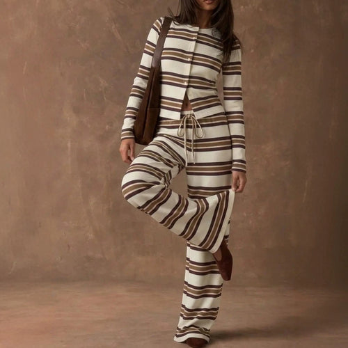 Damen Gestreiftes Strick-Lounge-Set mit tailliertem Knopfcardigan und weitem Palazzohose Drune