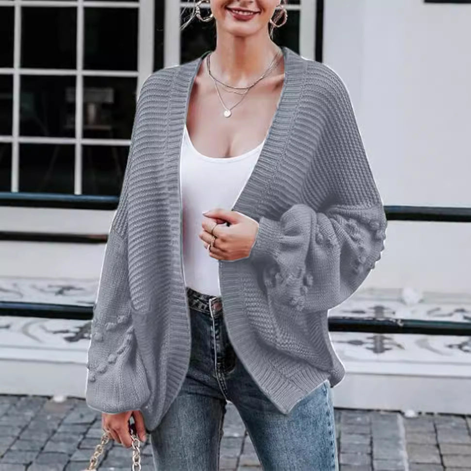 Damen Grobstrick-Cardigan mit voluminösen Puffärmeln und strukturierter Oberfläche Drune