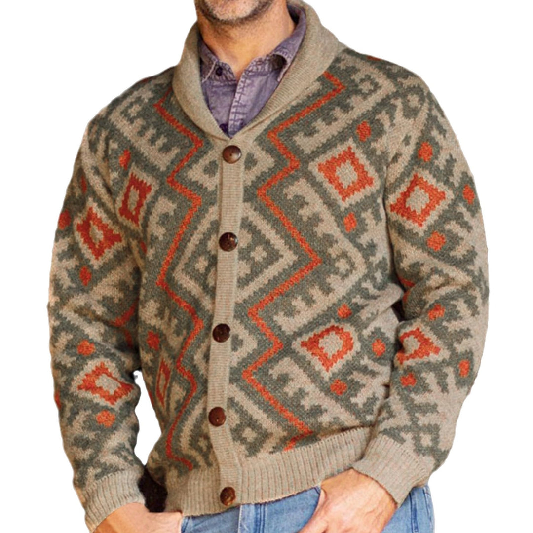 Herren Strickjacke mit traditionellem geometrischen Muster und warmem Schalkragen Drune