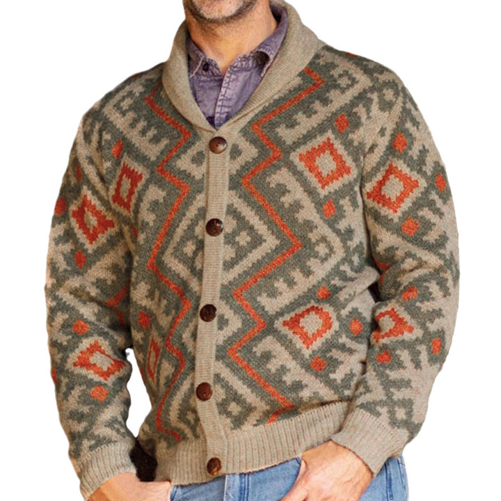 Herren Strickjacke mit traditionellem geometrischen Muster und warmem Schalkragen Drune