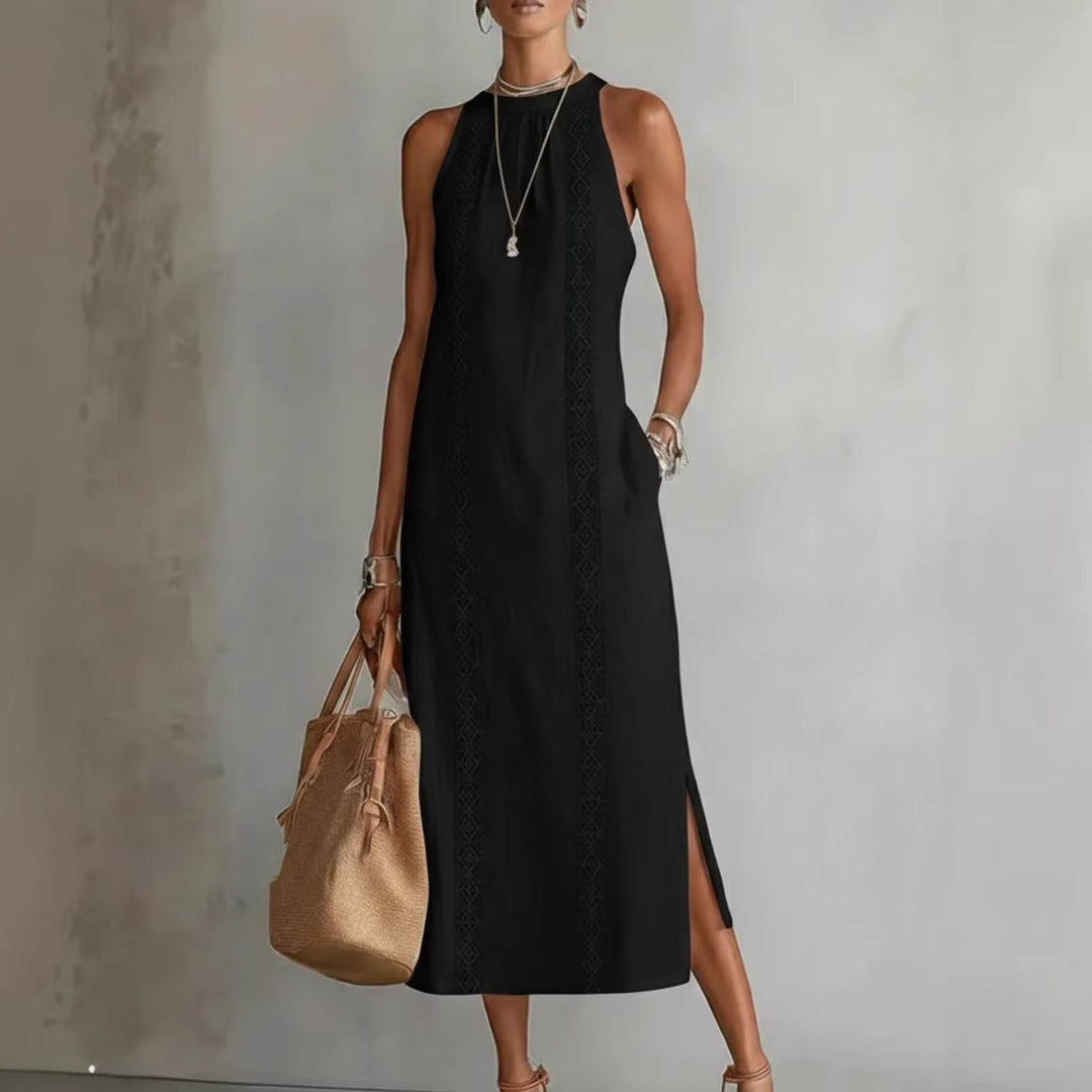 Damen Elegantes Sommer-Maxi-Kleid mit Spitzenapplikation und seitlichem Schlitz Drune