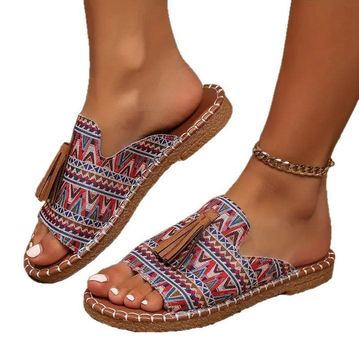 Damen Ethno-Slipper-Sandalen mit Quaste und handgenähter Ziernaht Drune
