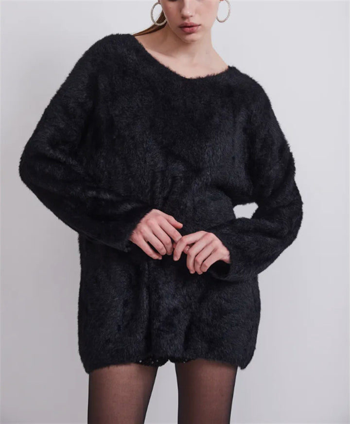 Damen Oversize-Flauschpullover mit V-Ausschnitt und Teddy-Optik Drune