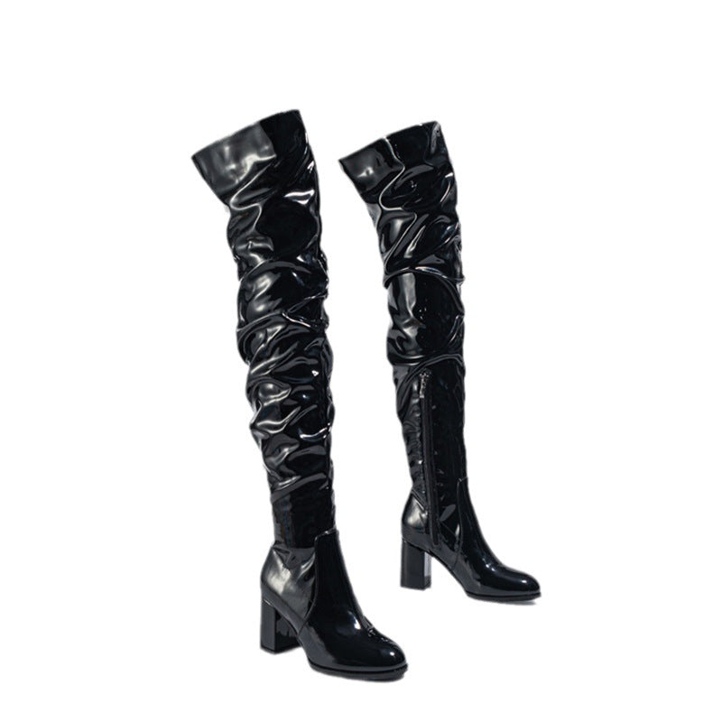 Damen Overknee-Stiefel mit modernem Falten-Design und glänzendem Finish Drune