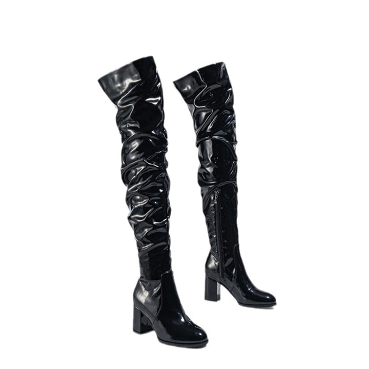 Damen Overknee-Stiefel mit modernem Falten-Design und glänzendem Finish Drune
