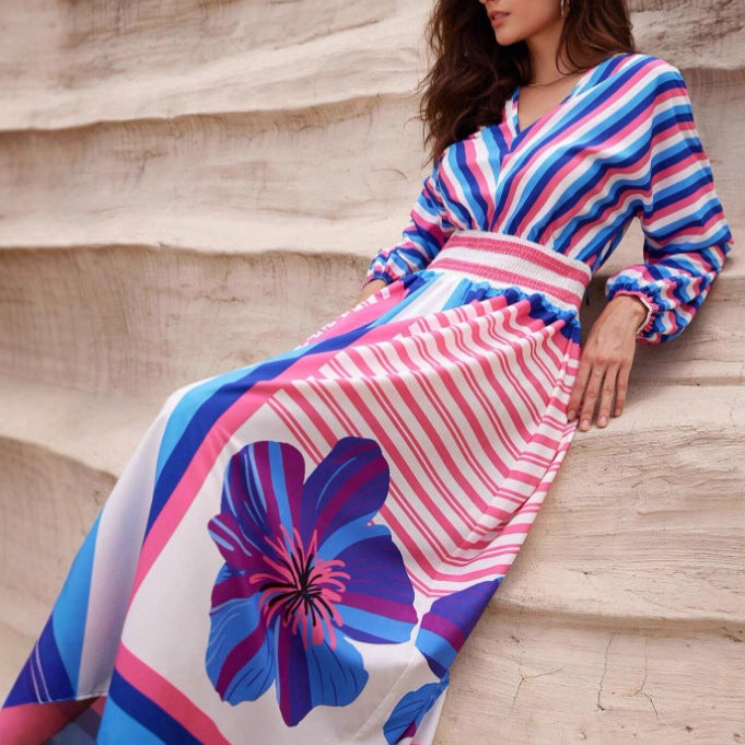 Damen Elegantes Maxikleid mit floralem Design und Streifen Drune