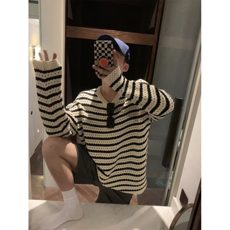 Unisex Grobgestrickter Oversized Ajour-Pullover mit Streifenmuster und V-Ausschnitt Drune