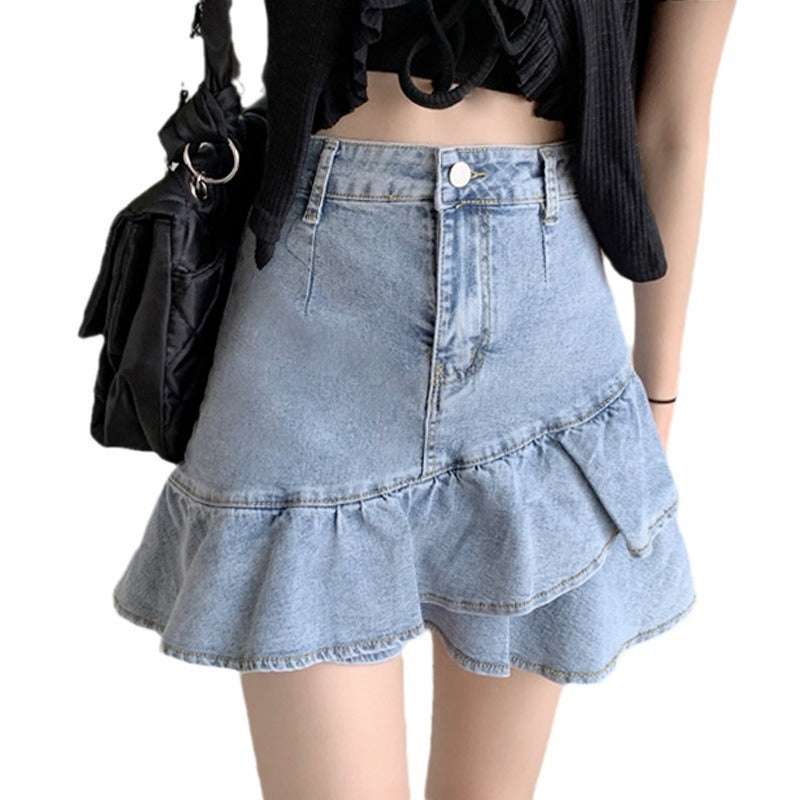 Damen Jeansrock mit voluminösem Rüschensaum und knopfbarem Bund Drune