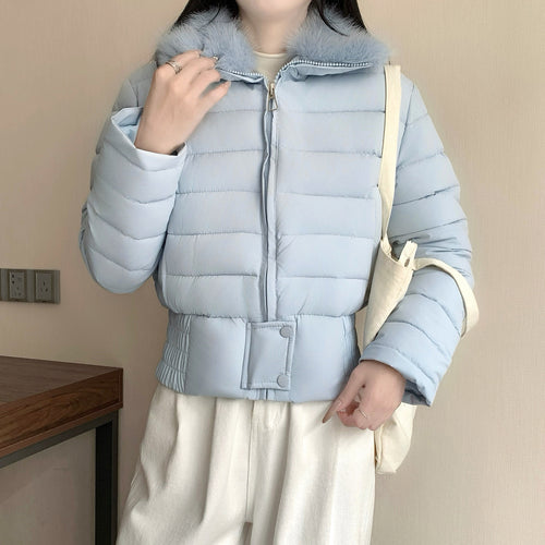 Damen nan kurze wattierte Taillenjacke mit abnehmbarem Kunstfellkragen und verstärktem Saum Drune