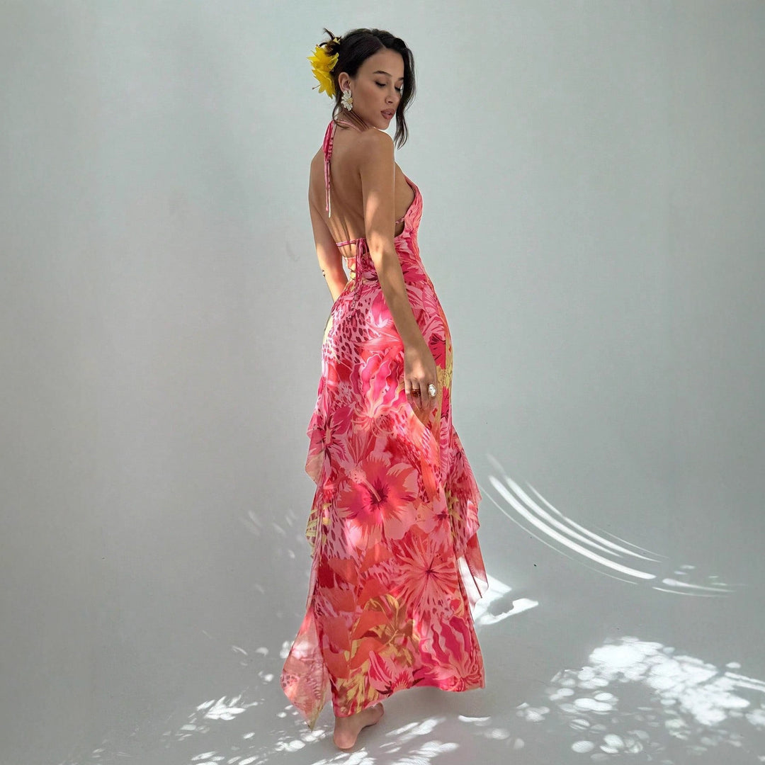 Damen Maxikleid mit elegantem Cut-Out-Design und floralen Akzenten Drune
