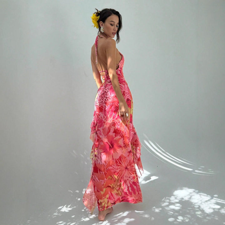 Damen Maxikleid mit elegantem Cut-Out-Design und floralen Akzenten Drune