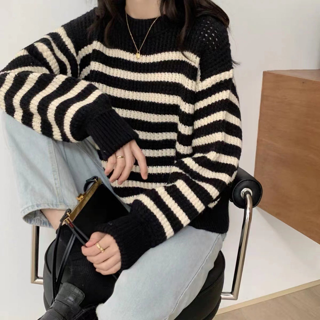 Damen gestreifter Strickpullover mit bequemem Rundhalsausschnitt und lockerer Passform Drune