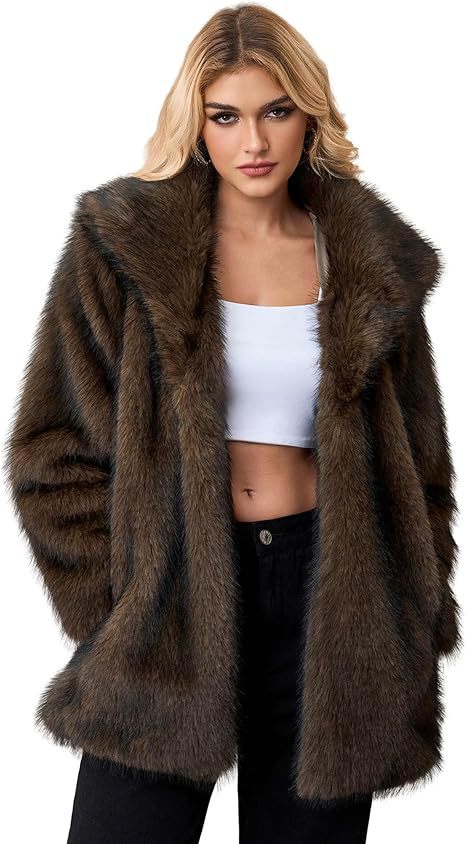 Damen Kurzer Faux‑Fur‑Mantel mit weitem Schalkragen, offener Front und Eingrifftaschen Drune