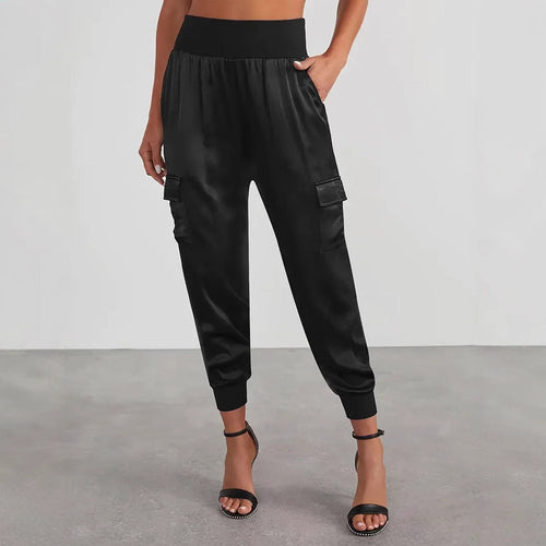 Damen Satin-Cargo-Hose mit elastischem Bund und praktischen Taschen Drune