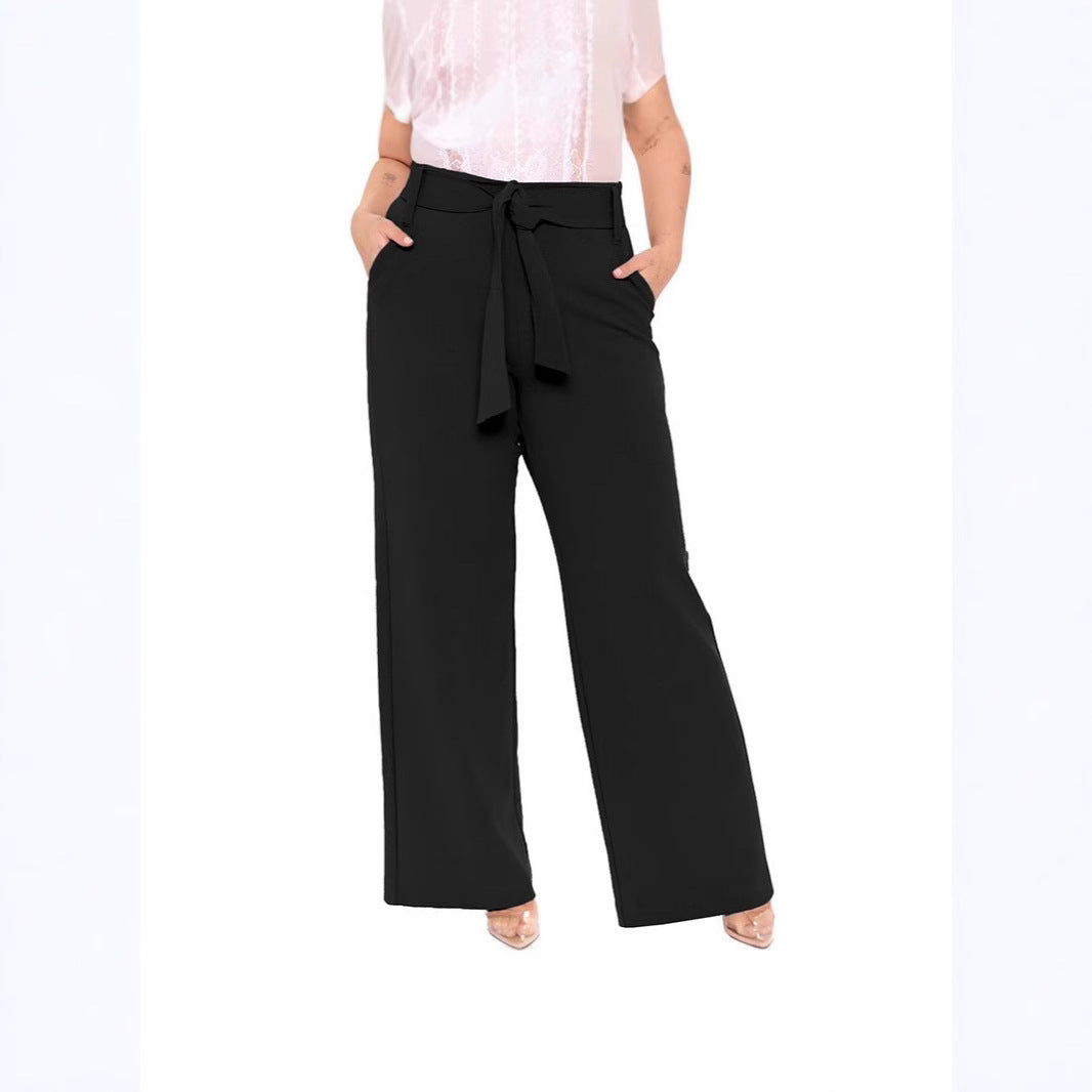 Damen elegante weit geschnittene Hose mit Bindegürtel und praktischen Taschen Drune