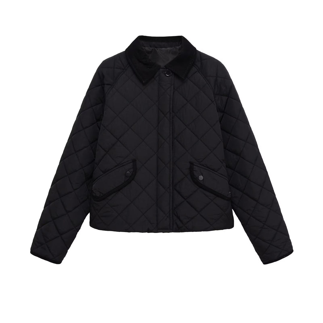 Damen Gesteppte Boxy‑Übergangsjacke mit Cordkragen und Pattentaschen Drune