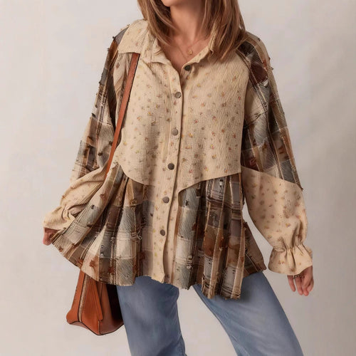 Damen Patchwork-Bluse-Jacke mit plissiertem Saum und Knopfleiste Drune