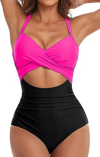 Drune | Damen Einteiler Badeanzüge Push Up Bauchkontrolle Badeanzüge V-Ausschnitt Cutout Anständige Bademode
