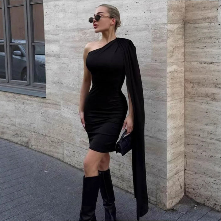 Damen Figurbetontes Kleid mit asymmetrischem Ärmel und elegantem Schnitt Drune