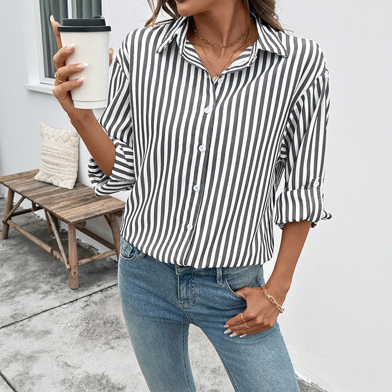 Damen Lässige Streifenbluse mit Knopfdetails Drune