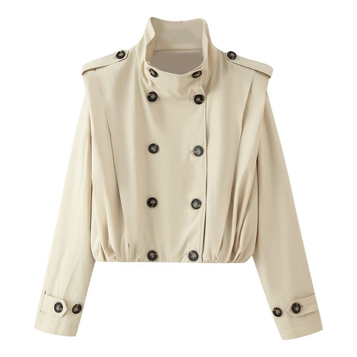 Damen Cropped Doppelreihiger Trench‑Blouson mit Stehkragen, Schulterpatten und elastischem Saum Drune