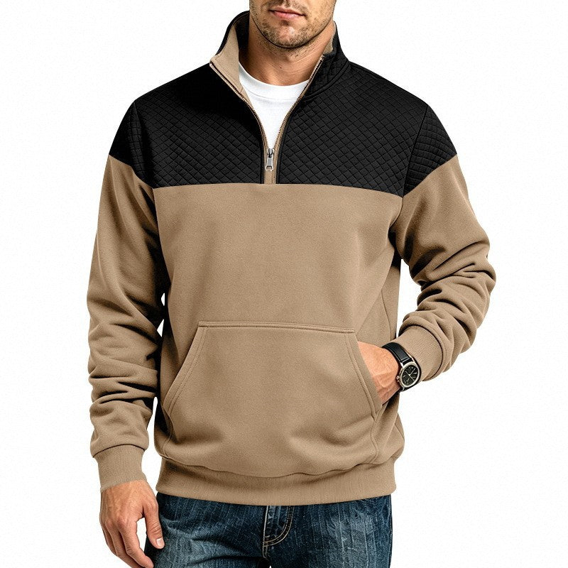 Herren Stehkragen-Sweatshirt mit Halbzip, gesteppter Schulterpasse und Kängurutasche Drune