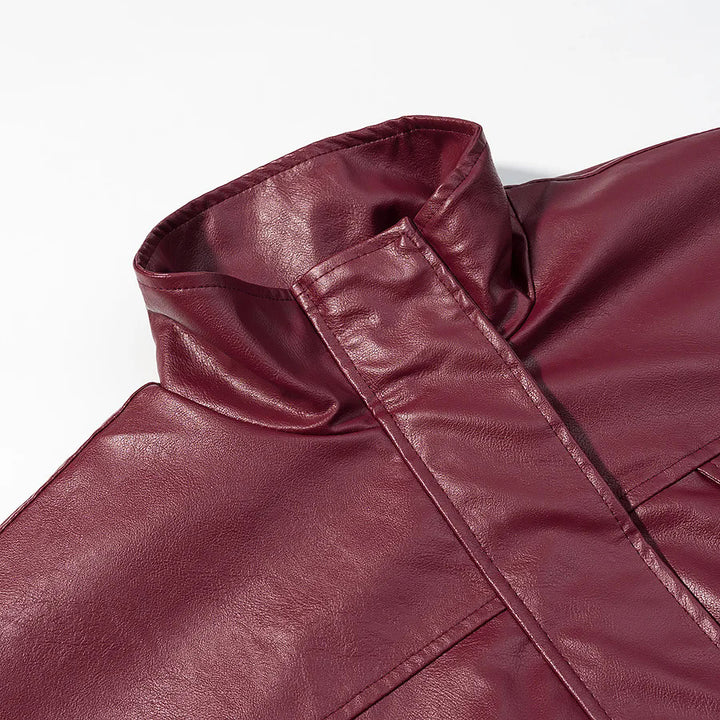 Damen nan lässige Kunstleder-Utilityjacke mit Stehkragen, aufgesetzten Pattentaschen und elastischen Bündchen Drune