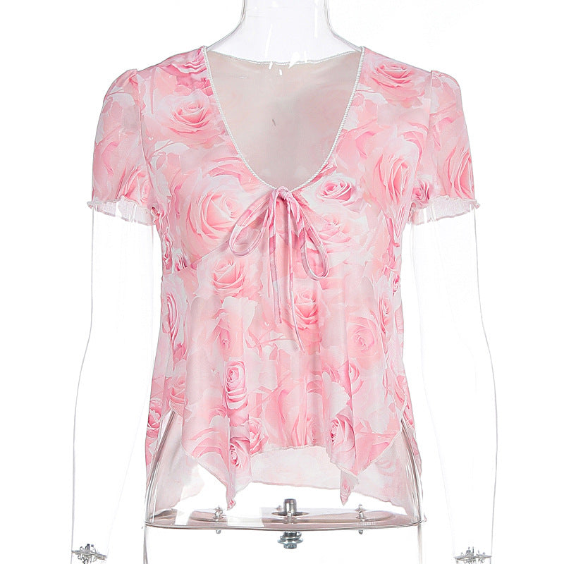 Damen Bluse mit romantischem Rosenmuster und zartem Bindegürtel Drune