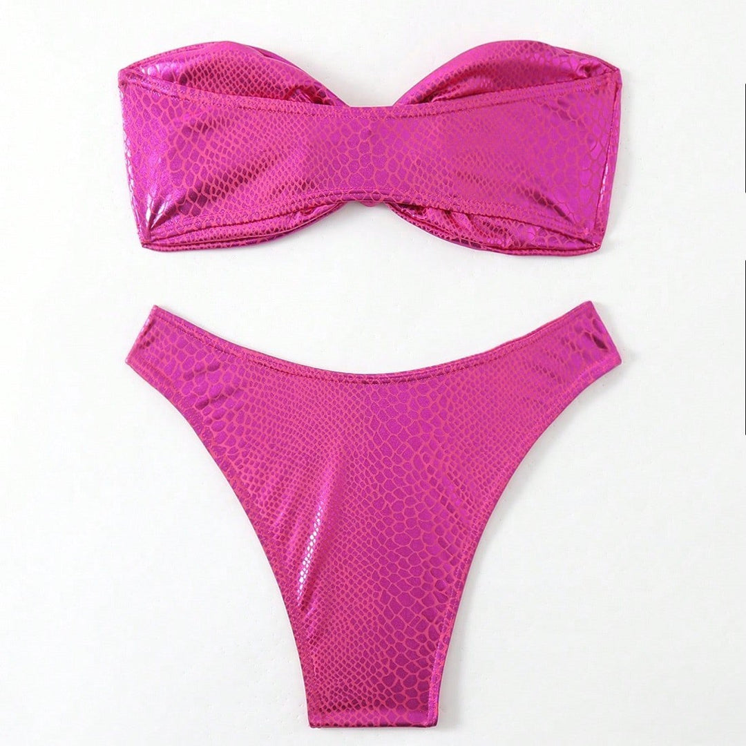 Damen Bandeau-Bikini mit hochglänzendem Schlangenmuster Drune