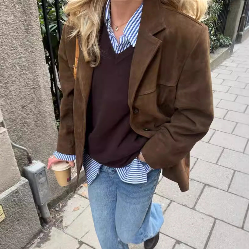 Damen Modischer Wildlederblazer im lässigen Oversized-Stil Drune