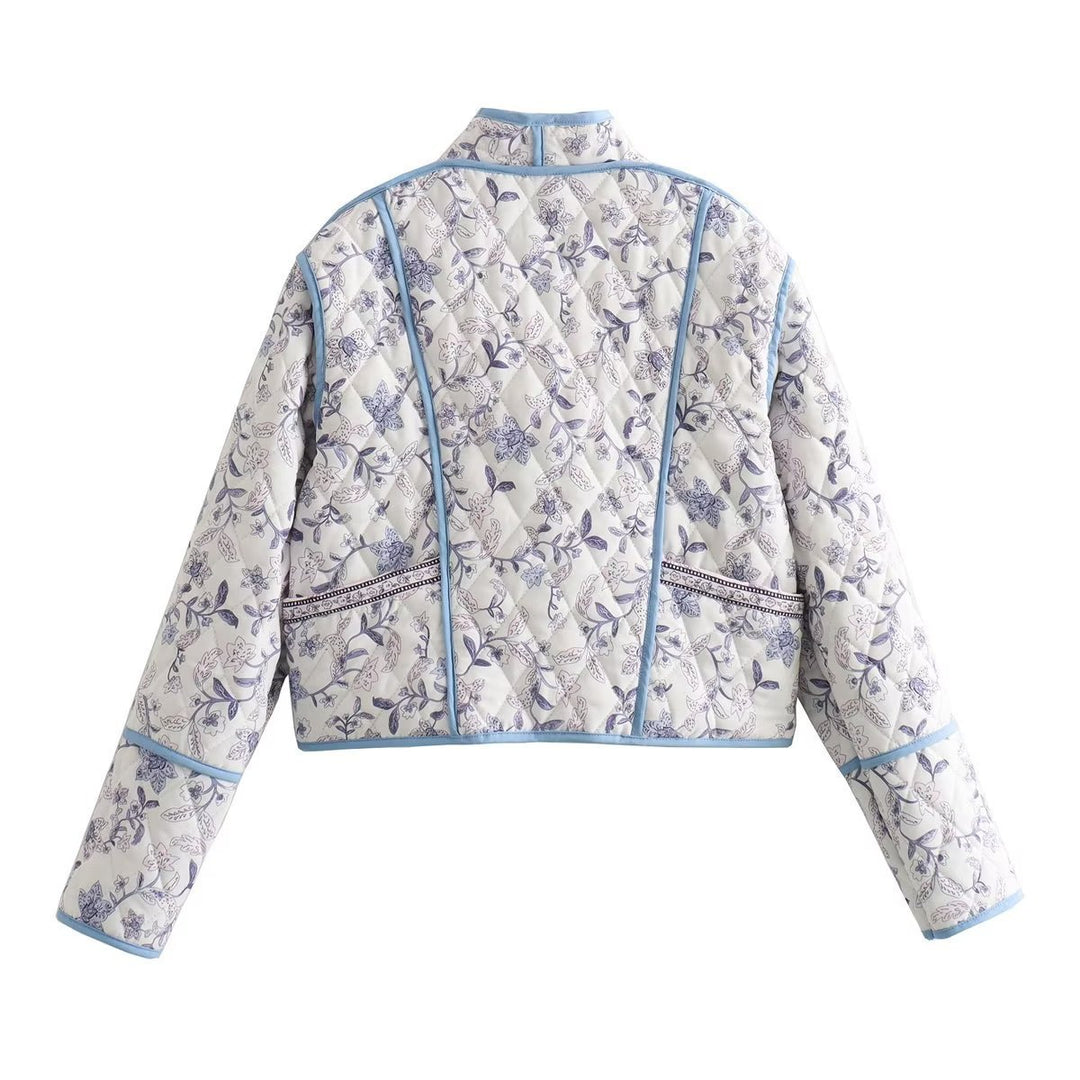 Damen Gestepptes Cropped-Steppjacke mit floralem Allovermuster und kontrastierender Paspelierung Drune