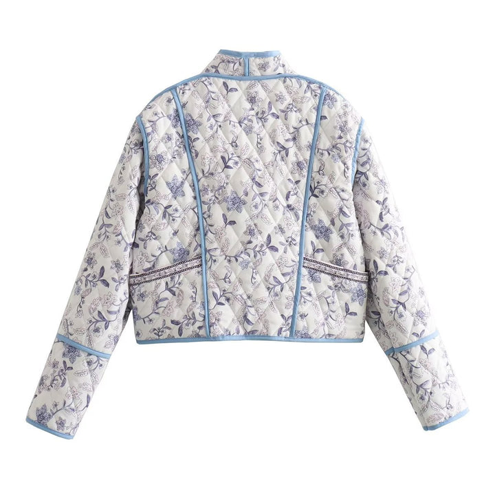 Damen Gestepptes Cropped-Steppjacke mit floralem Allovermuster und kontrastierender Paspelierung Drune