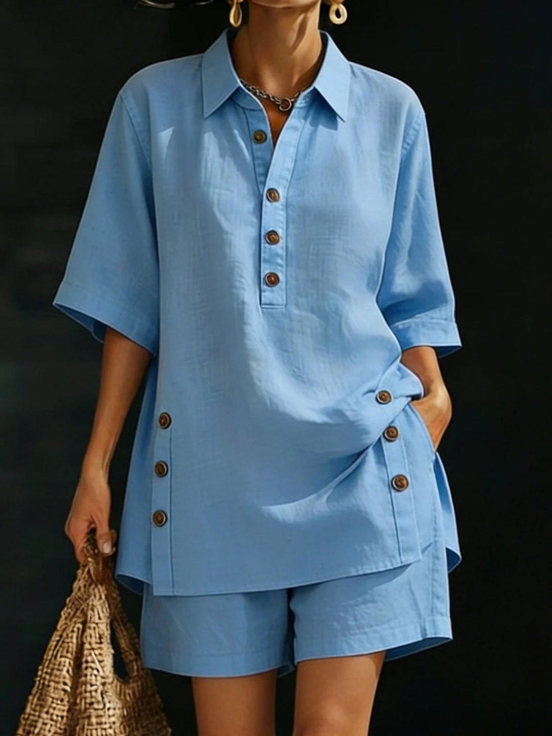 Damen nan luftiges Leinenoptik-Zweiteiler mit Oversize-Hemdbluse, Knopfleiste und Bermuda-Shorts Drune