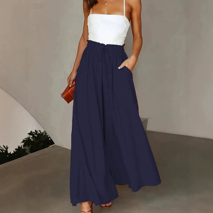Damen Weite Maxipalazzo-Hose mit Paperbag-Bund, Kordelzug und Seitentaschen Drune