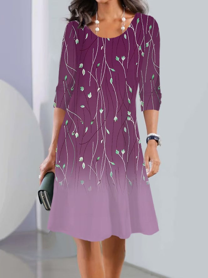 Damen A-Linien Kleid mit floralem Druck, U-Ausschnitt, Dreiviertelärmel und sanftem Ombre Drune