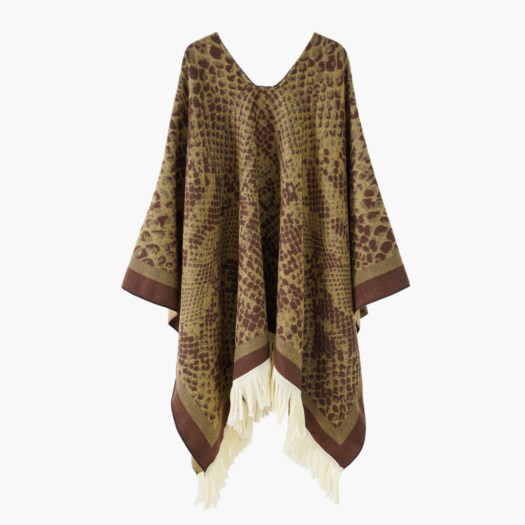 Damen Jacquard-Knitcape mit Leoparden‑Print, V‑Ausschnitt und Fransensaum Drune