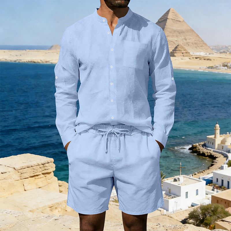Herren nan sommerliches Leinen-Set mit Stehkragenhemd und Kordelzug-Kurzhose Drune